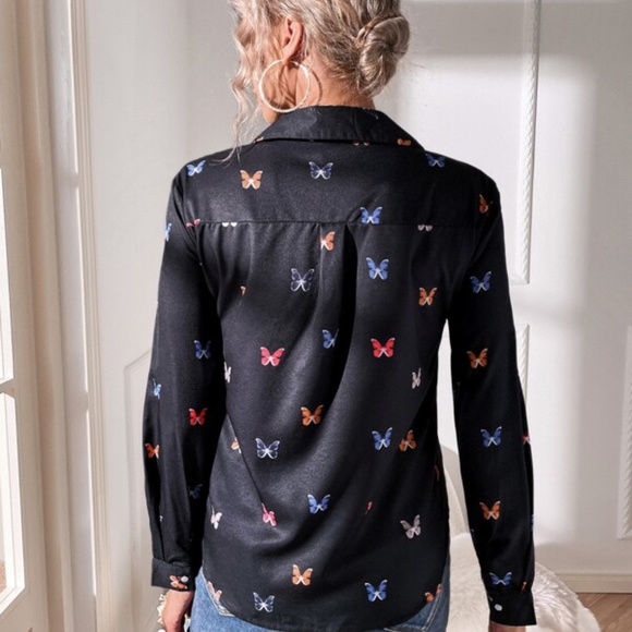 Boho White Butterfly Print Button up Top Work Classic - Picture 11 of 11